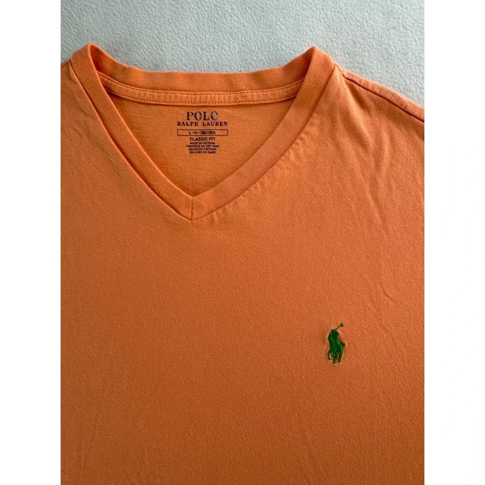 Polo Ralph Lauren Men Classic Fit V Neck T Shirt Orange Size Large *small holes*